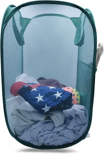 Miniatura 9 de HONOMA Cesta de malla resistente para lavandería, cesta desplegable con bolsillo lateral para cuarto de servicio, baño, habitación de los niños, Gris