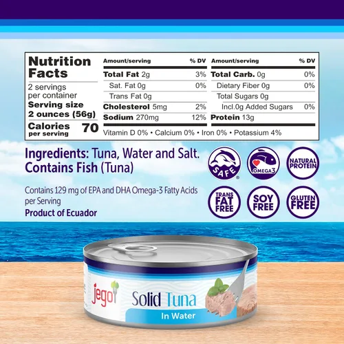 Miniatura 2 de Jego Atún sólido en agua Atún natural salvaje Keto Bajo en carbohidratos Sin gluten Sin soja Enlatado Listo para comer Paquete de 12