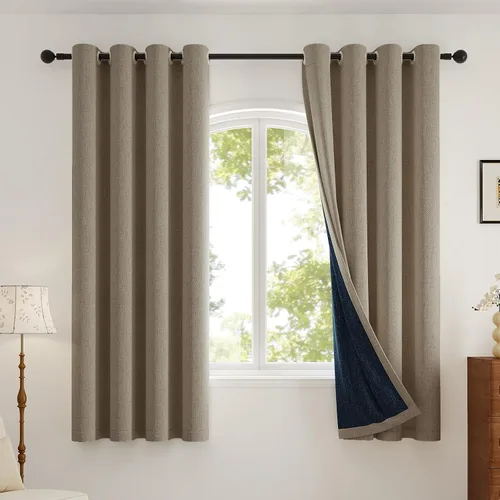 Miniatura 13 de Rinwoc - Cortinas 100% opacas gruesas y suaves de 2 paneles para dormitorio, aspecto de lino texturizado, bloqueo total de luz, cortinas