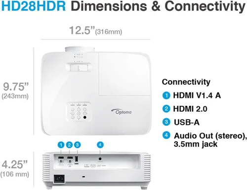 Miniatura 10 de Optoma Proyector de cine en casa HD28HDR 1080p para juegos y películas Soporte para entrada 4K Compatible con HDR Frecuencia de actualización
