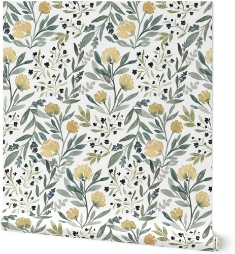 Spoonflower Papel tapiz para despegar y pegar, diseño floral amarillo, flores botánicas, jardín, moderno, cuarto de bebé, boda, papel tapiz