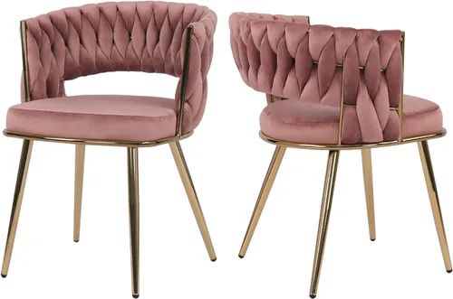 Miniatura 16 de Juego de 2 sillas de comedor tejidas, modernas sillas de comedor tejidas a mano con patas de metal negro, sillas tapizadas con marco negro