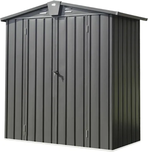 Miniatura 8 de Cobertizo pequeño de almacenamiento de metal de 5 x 3 pies para exteriores, cobertizo de jardín gris oscuro con techo inclinado y puertas dobles