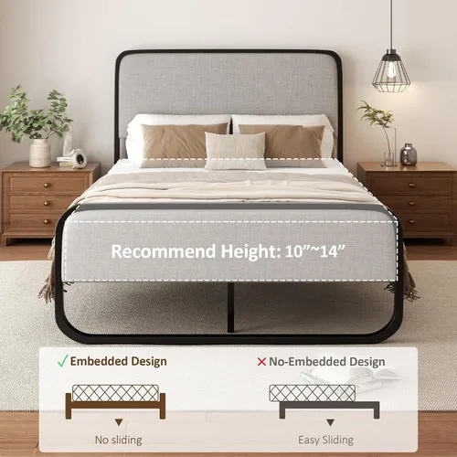 Miniatura 8 de Sismplly Base de cama tapizada de tamaño matrimonial con cabecero y estribo curvos, listones de metal resistente, almacenamiento debajo de la cama