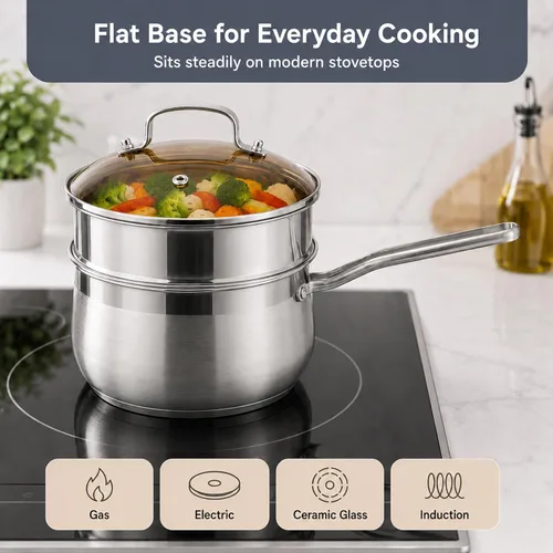 Miniatura 7 de Cacerola de acero inoxidable de 2.5 cuartos de galón con cesta de vapor y tapa de vidrio, olla de sopa pequeña de grado alimenticio de 18/8