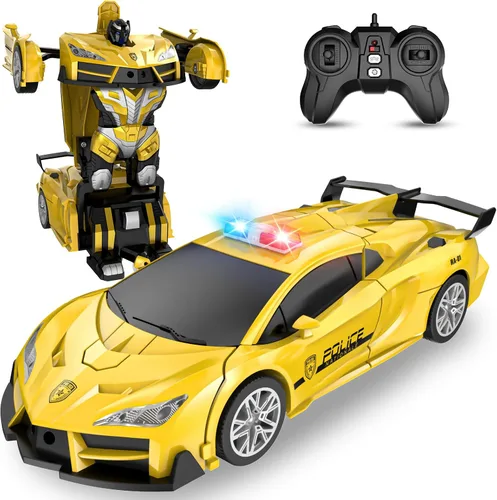 Miniatura 9 de Auto a control remoto con transformación de un botón, autos RC que se transforman en robot, 2.4 GHz 360 grados rotación de coche de policía con luz