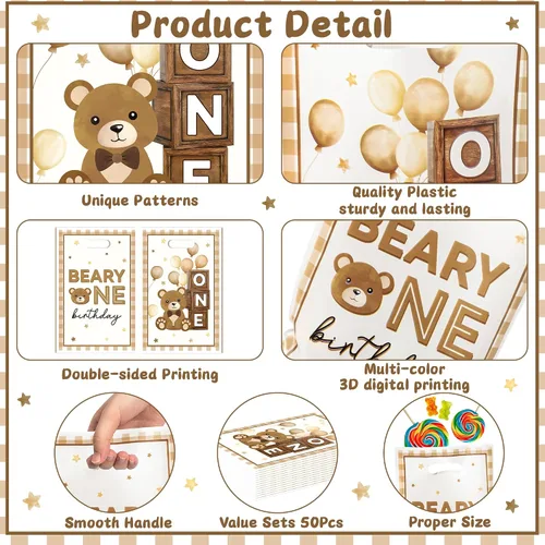 Miniatura 3 de Bolsa de Regalo para Primera Fiesta de Cumpleaños Oso 50Pcs Bolsas de Dulces y Regalos con Oso Marrón Dulces y Golosinas para Fiesta Temática Oso