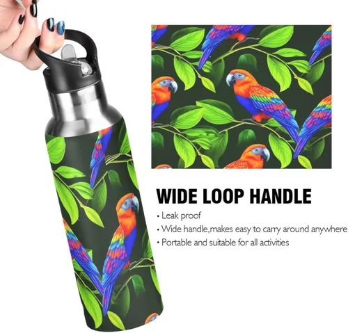 Miniatura 4 de Insulated Stainless Steel Water Bottle with Straw 20 Oz, BPA-Free Sports Water Bottle with Straw for Gym Outdoor Travel School, Vibrant Birds Green
