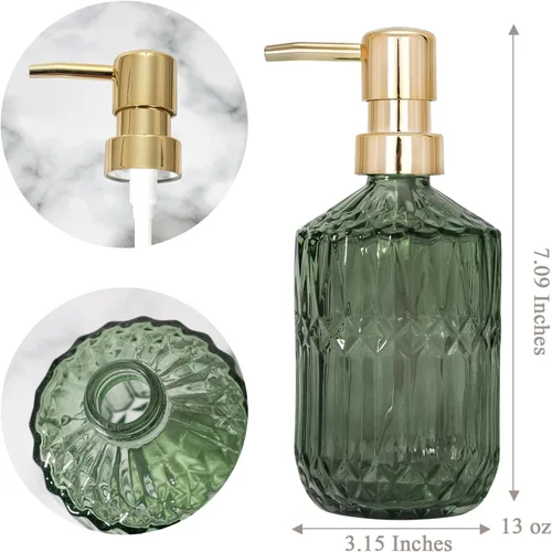 Miniatura 3 de Dispensador de jabón de vidrio Botella verde Bomba de plástico dorado Fregadero de cocina recargable Encimera Dispensador de platos de mano
