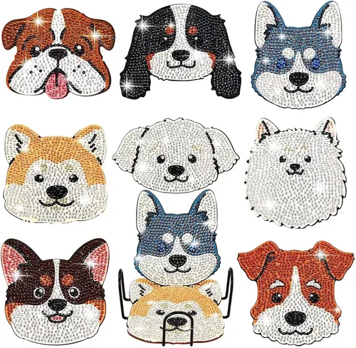 Miniatura 8 de 8 piezas de posavasos de pintura de diamantes en forma de perro para bebidas, kits de pintura de diamantes de perro DIY con soporte, posavasos