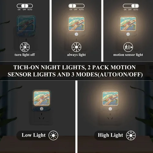 Miniatura 4 de Luces nocturnas de pared, paquete de 2 luces de noche LED de tortuga marina de color (2) sensor de atardecer a amanecer, brillo ajustable