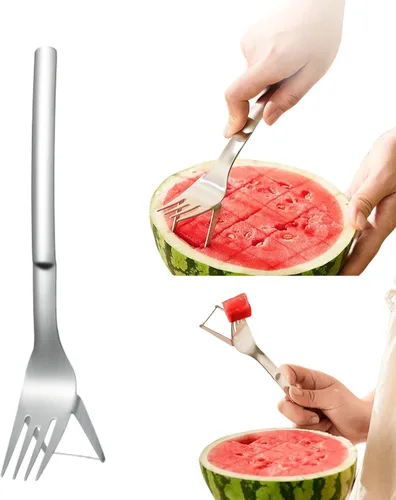 Cortador de acero inoxidable con horquilla de sandía, herramienta de corte de cubo de melón fascinado para niños, cuchillo utilitario para tallar y