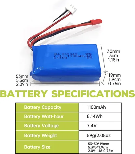 Miniatura 2 de Batería de litio 2 piezas 7.4 V 1100 mAh con cargador 2 en 1 para WLtoys A949 A959 A969 A979 S989 V912 T23 T55 F45 A320 A321 RC Control remoto coche
