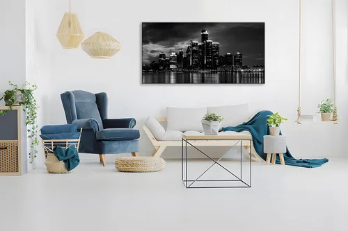 Miniatura 5 de NAN Wind Detroit Skyline - Lienzo decorativo para pared, paisaje urbano, escena nocturna, impresión artística de ciudad en blanco y negro sobre