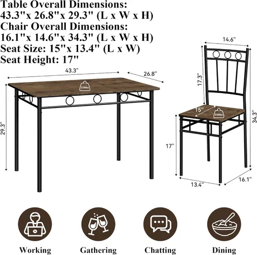 Miniatura 2 de Juego de mesa de comedor de 5 piezas, moderna mesa de cocina de metal y madera con 4 sillas, juegos de mesa de comedor para espacios pequeños