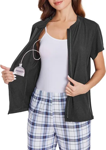 Miniatura 12 de Deyeek Camisas de mastectomía con bolsillos de drenaje Tops post cirugía de hombro para mujeres con puerto de quimio manga corta con cremalleras