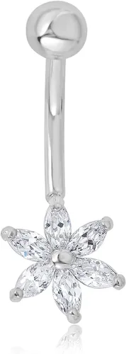 AVORA Anillo de ombligo floral con circonita cúbica de oro de 10 quilates (calibre 14)