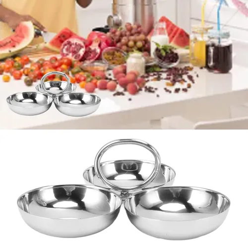Miniatura 4 de Plato de Servir de Acero Inoxidable 304, Plato de Frutas 3 en 1 con Compartimento para Aperitivos, Platos de Postre Reutilizables, Plato de Frutas