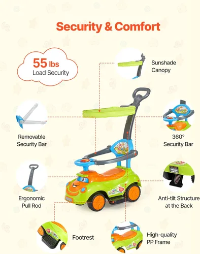 Miniatura 4 de VEVOR Coche de Paseo Infantil, Coche de Empuje para Niños de 19 a 36 Meses, Buggy con Barreras de Protección, Asa y Almacenamiento Bajo el Asiento