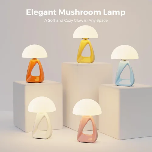 Miniatura 8 de Lámpara de hongo, pequeña lámpara de mesa para dormitorio, lámpara de noche creativa geométrica con base de cerámica, lámpara de mesa auxiliar