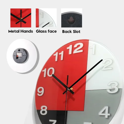 Miniatura 4 de WISKALON Reloj de pared abstracto de cristal geométrico de 12 pulgadas en blanco, gris, rojo y negro, funciona con pilas, reloj de cuarzo silencioso