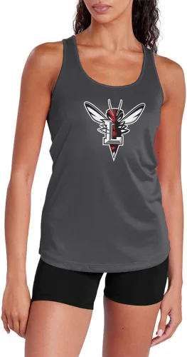 Miniatura 174 de Camiseta deportiva sin mangas oficial de la NCAA Collegiate para mujer, con espalda cruzada, logotipo primario, colección carbón