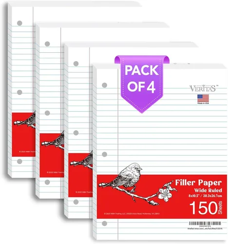 WritePads Papel de hojas sueltas de rayas anchas, 600 hojas, paquete de 4 hojas a granel, papel de ajuste de carpeta perforado de 3 agujeros de 8 x