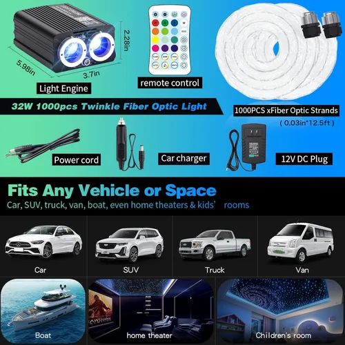 Miniatura 8 de Twinkle Starlight Headliner Light,32W 1000pcs 13.1ft LED Star - Kit de luz de fibra óptica para techo con aplicación/control remoto