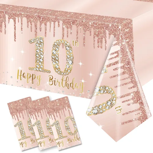 Paquete de 3 Decoraciones de Décimo Cumpleaños para Niñas - Mantel de Mesa Rosa Dorado con Tema Happy Ten, Suministros para Fiestas - Mantel