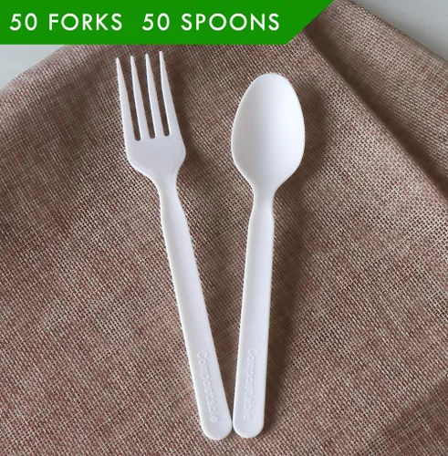 Miniatura 3 de GreenWorks 200 unidades de 100 tenedores y 100 cucharas compostables de alta resistencia, certificado BPI, cubiertos desechables grandes, Blanco