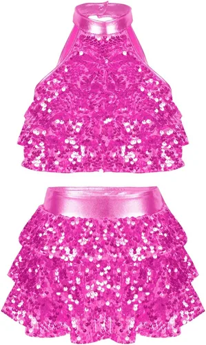 Linjinx Conjunto de camiseta corta metálica de lentejuelas con falda para niñas y niñas, trajes de baile latino de jazz, 2 piezas, disfraz de baile