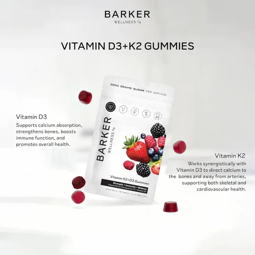 Miniatura 6 de Barker Wellness D3 K2 - Gomitas de vitamina – Potencia máxima 6000IU D3 + 200 mcg K2 para huesos fuertes, bienestar cardiovascular, apoyo