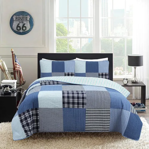 Miniatura 23 de Cozy Line Home Fashions Juego de ropa de cama acolchada reversible para niño de 100% algodón a rayas azul marino, colcha cubrecama para todas