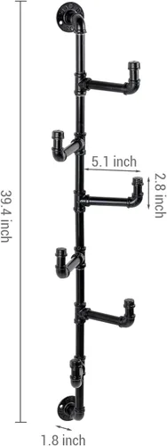 Miniatura 5 de MyGift Perchero industrial de tubo de metal negro montado en la pared para sombreros y percheros con 6 ganchos de brazo ajustables, ganchos