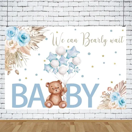 Miniatura 5 de AIBIIN Telón de fondo azul de 7 x 5 pies para baby shower, con texto en inglés "We Can Bearly Wait", fondo de fotografía, bohemio, floral, baby