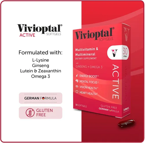 Miniatura 5 de Vivioptal Active, 30 cápsulas blandas, ginseng y omega 3, multivitamínico y multimineral, sin gluten, fórmula alemana
