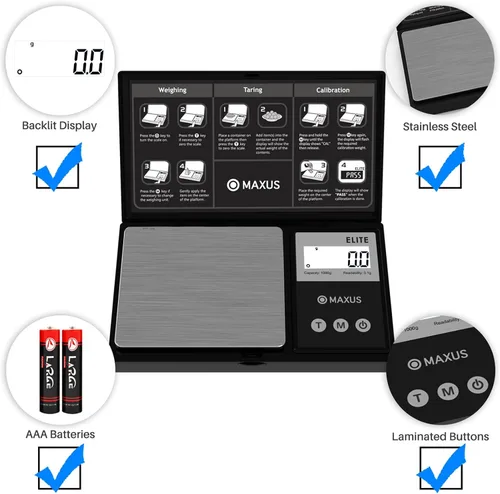 Miniatura 5 de MAXUS - Báscula digital de gramos 1000 g/0.1 g, báscula pequeña de alimentos con LCD retroiluminada, mini báscula de bolsillo para joyería Negro mate