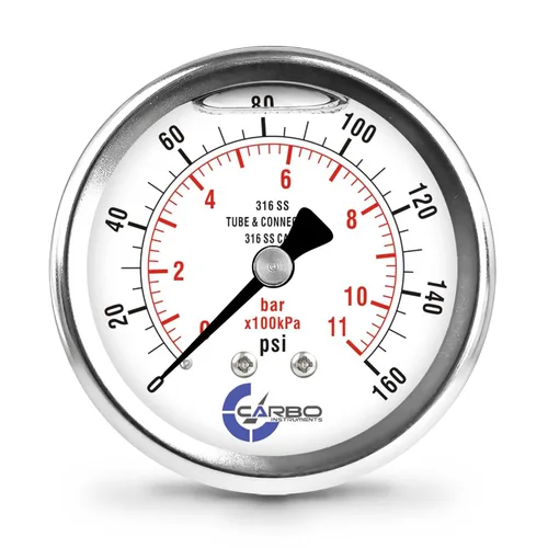 Miniatura 14 de Medidor de presión relleno de líquido de 300 PSI, dial de 2.5 pulgadas, montaje trasero 1/4 NPT, estuche 316 SS, 316 piezas mojadas SS, PSI/barra