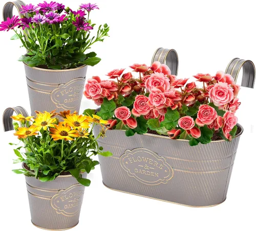 Miniatura 11 de PerGar Paquete de 3 macetas de metal para exteriores, macetas colgantes de 10.6 pulgadas con ganchos desmontables y agujeros de drenaje, jardineras
