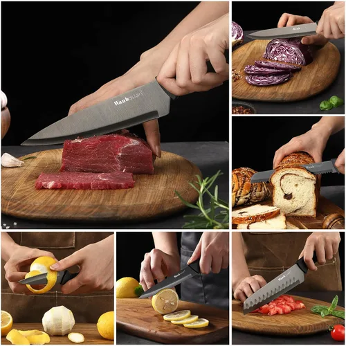 Miniatura 5 de Wanbasion Juego de cuchillos de cocina profesional negro, de acero inoxidable, apto para lavavajillas con fundas
