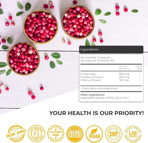 Miniatura 2 de Tratamientos de infección del tracto urinario D Manosa 1000 mg Cápsulas - Potentes píldoras de D-manosa y arándano con extracto de hibisco - Control