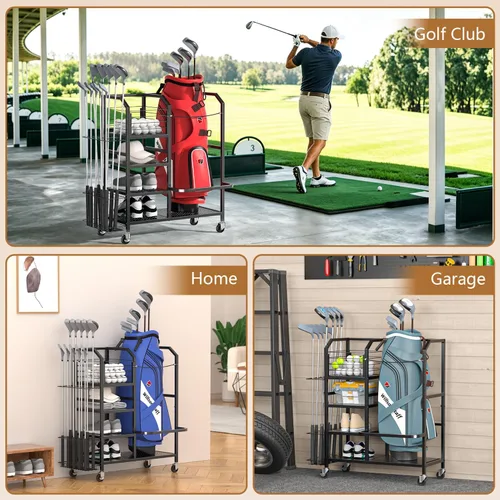 Miniatura 6 de Golf Bag Storage Organizer for Garage, Single Golf Bag Garage Organizer with Golf Club Rack, Shoe Shelves & Ball Storage, Rolling Golf Storage Rack