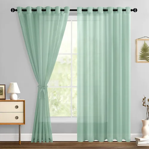 Miniatura 118 de Hiasan - Cortinas traslúcidas de gasa cortas semitransparentes con ojales y alzapaños filtrantes de luz para ventana, dormitorio, baño, 2 paneles