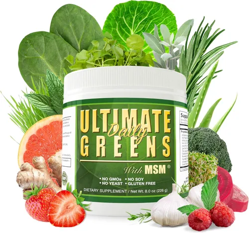 Daily Health, Ultimate Greens con MSM en polvo, ingredientes naturales veganos sin gluten, soja, sin OMG, superalimento, bebida nutricional vegetal,