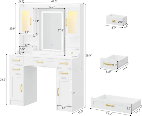 Miniatura 6 de Tocador blanco con espejo y luces LED, juego grande de mesa de maquillaje con 2 gabinetes de exhibición, 6 cajones y 2 gabinetes de almacenamiento