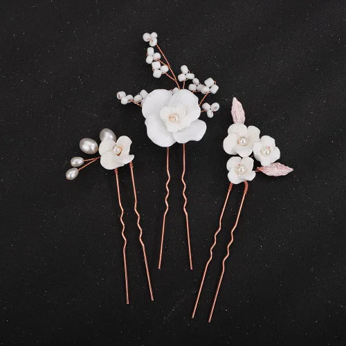 Miniatura 6 de Teyglen 3 horquillas para el pelo de boda, horquillas de flores para novia, flores y hojas, pinzas para el cabello de perlas para novia, accesorios