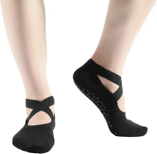 Miniatura 4 de Pauboland Paquete de 6 calcetines acolchados negros para mujer, antideslizantes, piyo barre, pilates, ballet, yoga, con agarres, talla 4-9