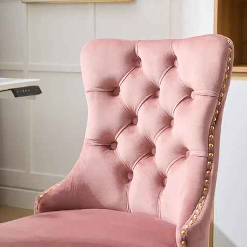 Miniatura 5 de Silla de oficina en casa de terciopelo con base de metal dorado y ribete de cabeza de clavo, moderna silla de trabajo tapizada giratoria tapizada