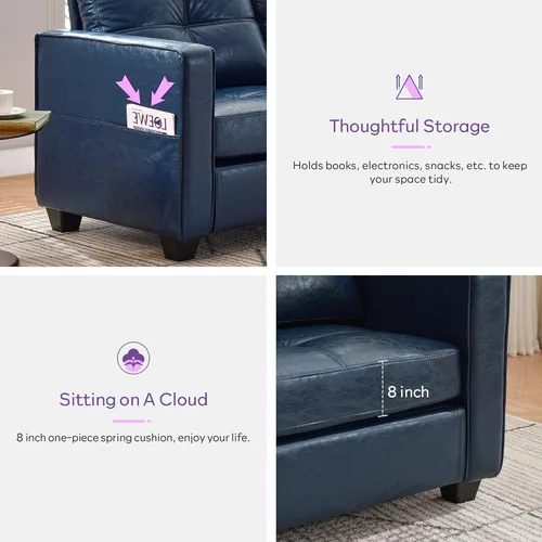 Miniatura 5 de TYBOATLE Sofá de dos plazas de piel sintética de 65 pulgadas para dormitorio, moderno y cómodo sofá de mediados de siglo con puertos de carga USB