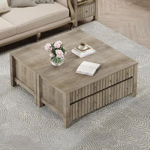 Miniatura 3 de WAMPAT Paquete de 2 mesas auxiliares modernas, mesa auxiliar rectangular con cajones de almacenamiento deslizantes, mesa central con patas de madera